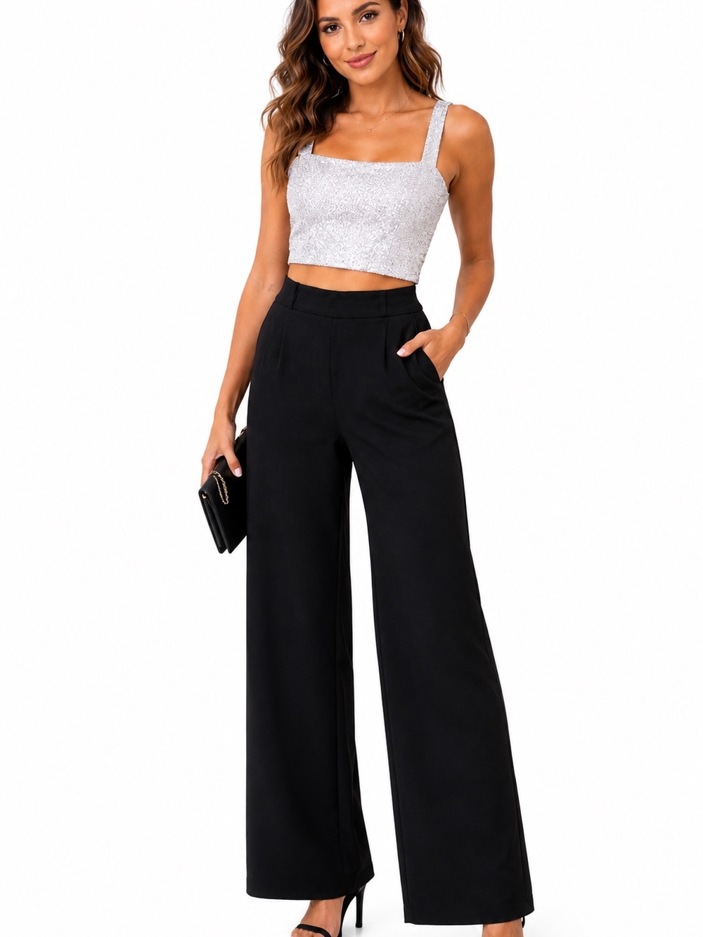Wide Leg Women’s Pants Black Size 8 Cocktail Party Workwear Wrinkle Resistant